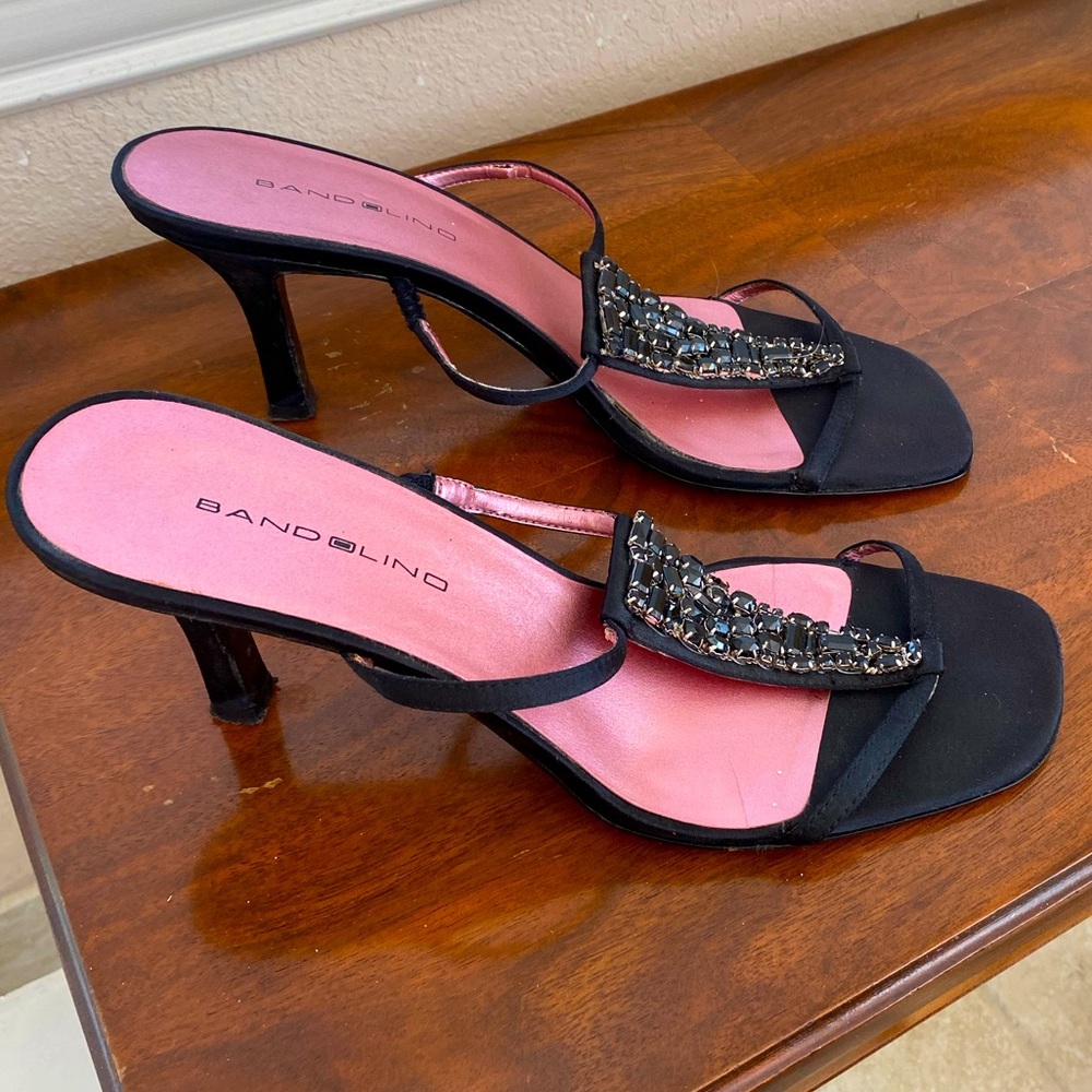 Bandolino strappy rhinestone satin heels